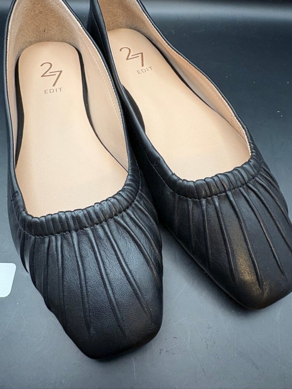 27 Edit Black Leather Square Toe Pleated Flats Size 7M EU 37 - Picture 2 of 6